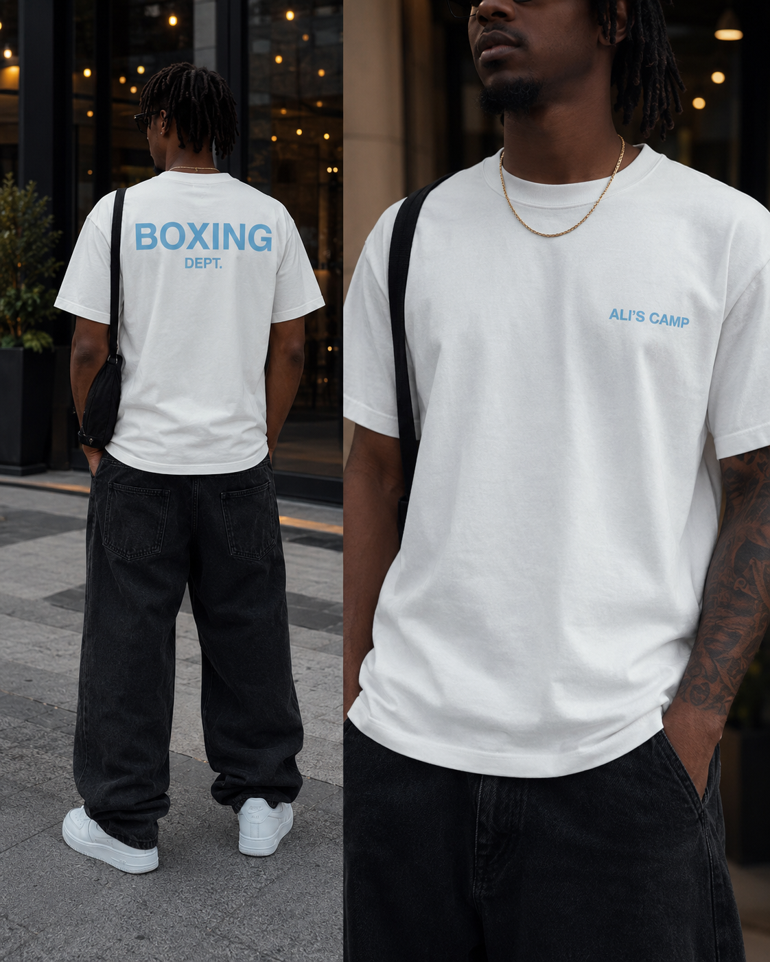 Modelo con camiseta Boxing Dept. blanca con estampado Ali's Camp en azul de Graphic Techne, look urbano en la calle