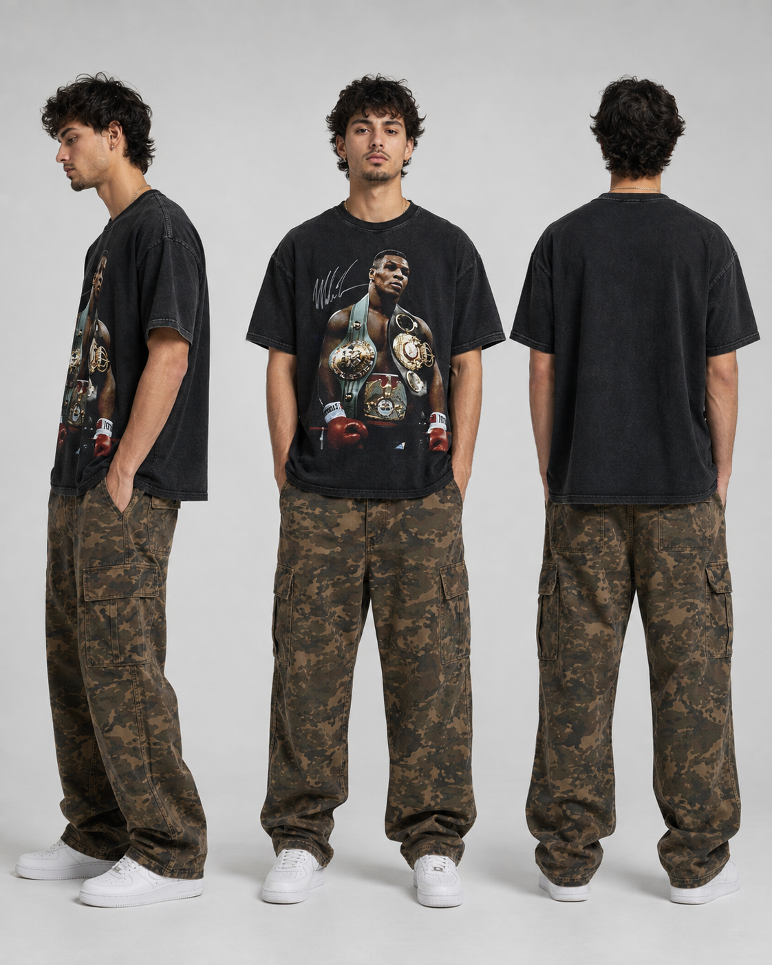 Camiseta Mike Tyson Undisputed de Graphic Techne en negro lavado con pantalon cargo camuflado, vista frontal, lateral y trasera