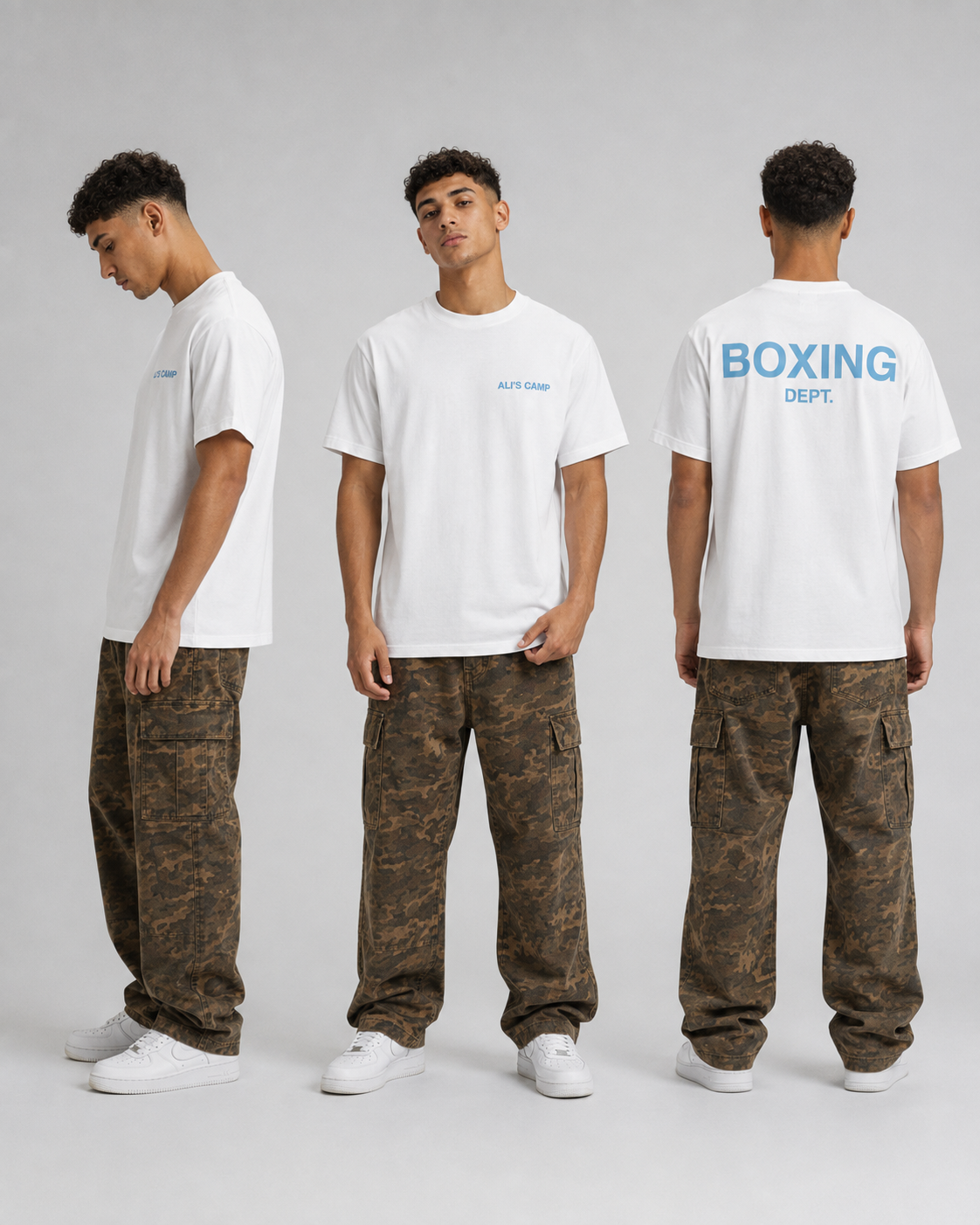 Camiseta Boxing Dept. blanca con estampado Ali's Camp en azul de Graphic Techne, vista frontal, lateral y trasera