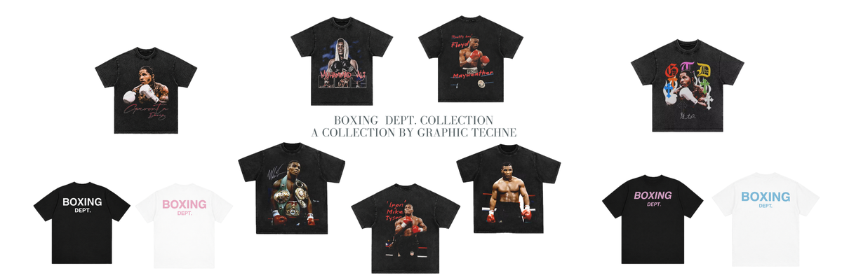 Camisetas de la coleccion Boxing Dept. de Graphic Techne con estampados de Muhammad Ali, Gervonta Davis, Floyd Mayweather y Mike Tyson