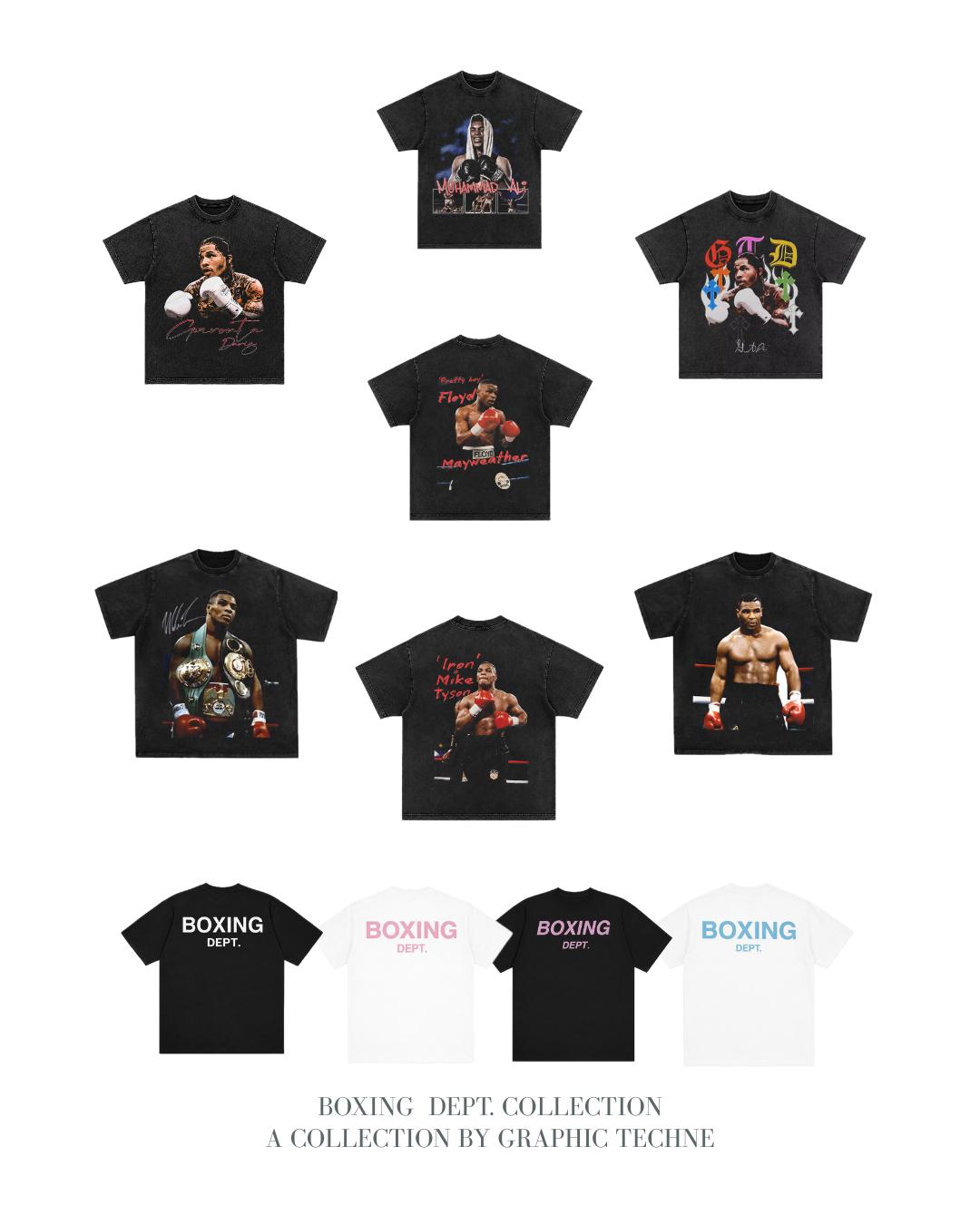 Vista en cuadricula de las camisetas estampadas de la coleccion Boxing Dept. de Graphic Techne