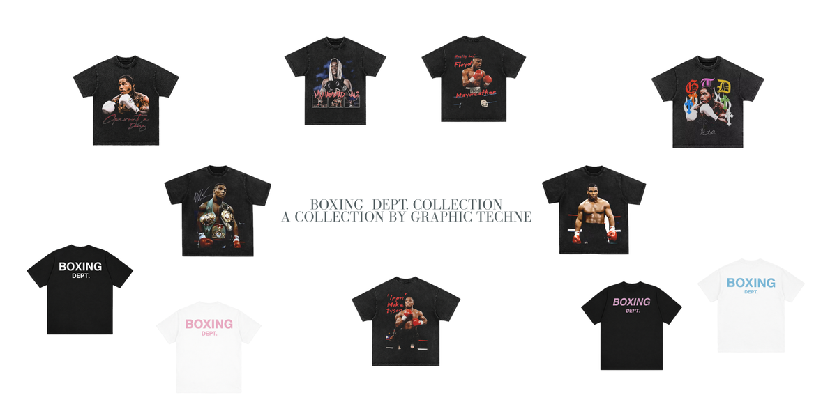 Camisetas de la coleccion Boxing Dept. de Graphic Techne con estampados de Muhammad Ali, Gervonta Davis, Floyd Mayweather y Mike Tyson