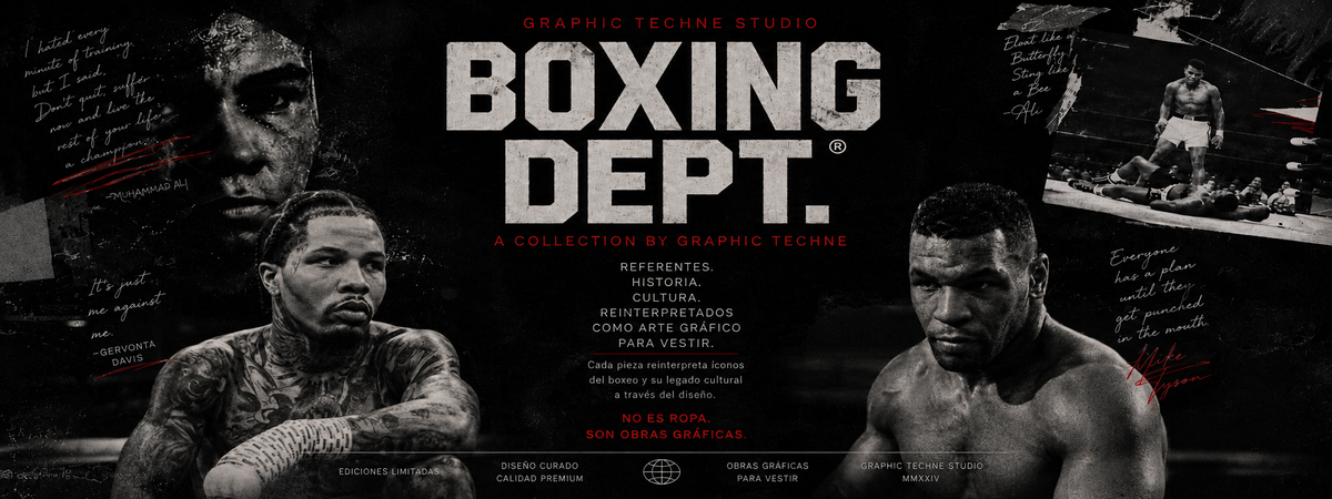 Editorial Boxing Dept. de Graphic Techne: arte grafico inspirado en Muhammad Ali, Gervonta Davis y Mike Tyson