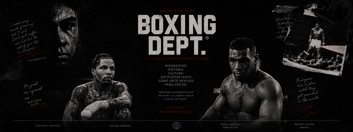 Banner editorial de la coleccion Boxing Dept. de Graphic Techne con Muhammad Ali, Gervonta Davis y Mike Tyson
