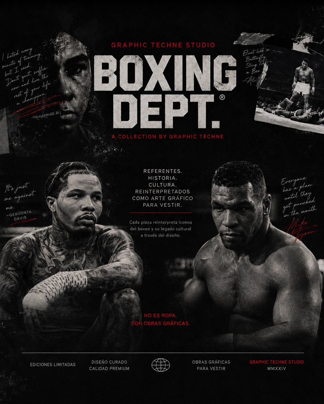 Version movil del banner editorial Boxing Dept. de Graphic Techne con retratos graficos de Muhammad Ali, Gervonta Davis y Mike Tyson